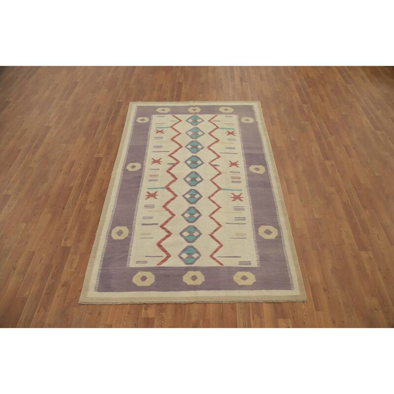 Hand Woven Oriental 100% Wool Carpet Southwestern Tribal Beige & Ivories Kilim Area Rug - 7' 10'' X 4' 10''