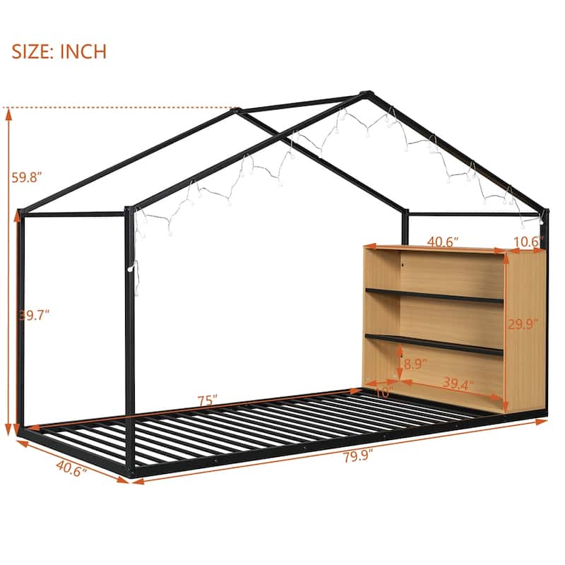 Twin Size Metal Bed House Bed Frame with Shelves and Lights