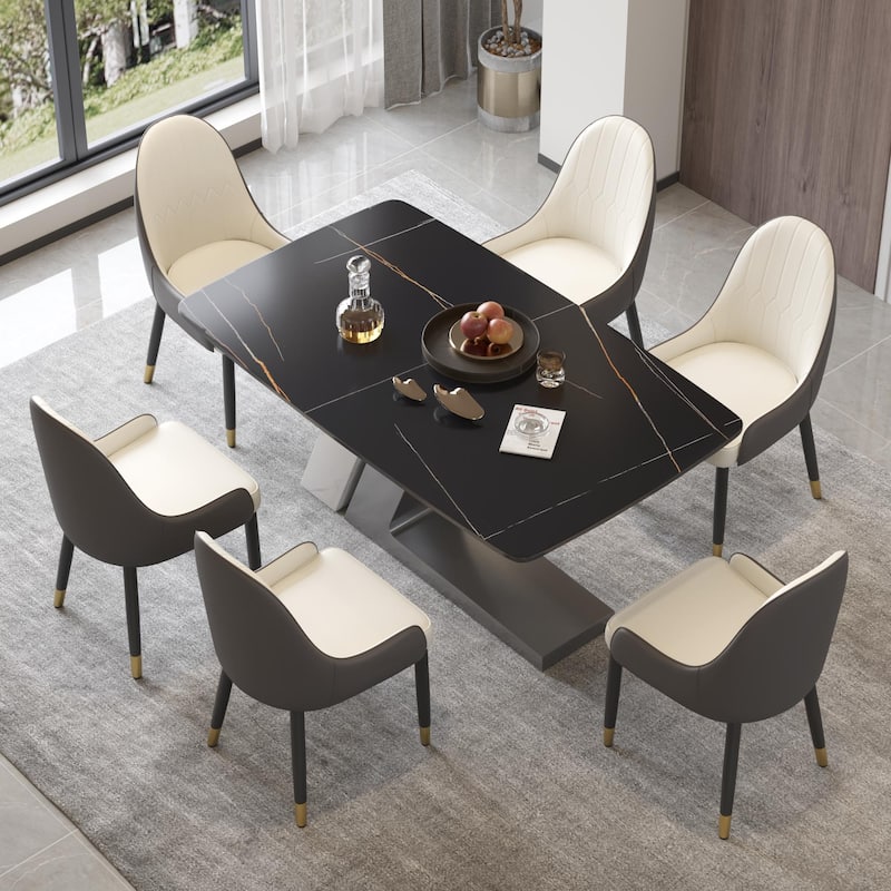 Slate Dining Table Faux Marble Table with Z shape Stainless Steel Pedestal - 63" - Black