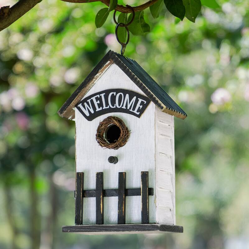 Glitzhome 11"H Washed White Solid Wood Fence Outdoor Garden Birdhouse