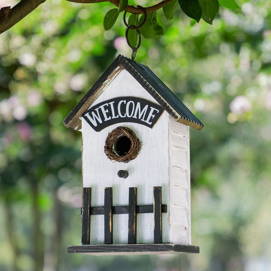 Glitzhome 11"H Washed White Solid Wood Fence Outdoor Garden Birdhouse