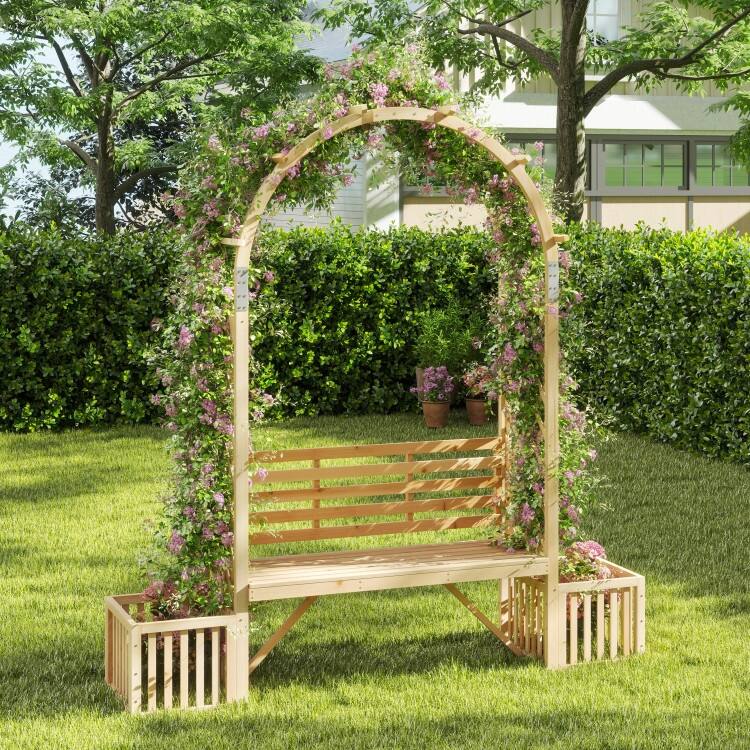 Natural Fir Wood Garden Arbor Bench with Planters Trellis Arch - 73" x 22" x 80"