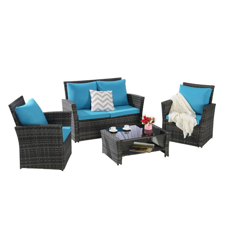 4 Piece Outdoor Rattan Conversation Furniture Sets, All Weather Patio Wicker Chair Set with Tempered Glass Coffee Table