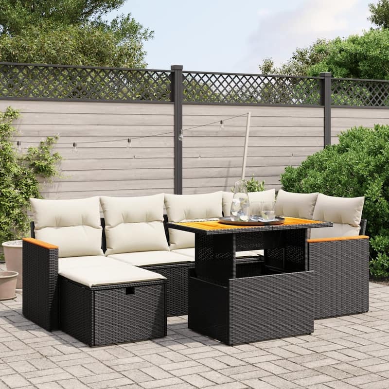 vidaXL Patio Sofa Set with Cushions Outdoor Conversation Furniture Poly Rattan - Black and Cream-without storage - 21.7 x 39.4 x 28.7