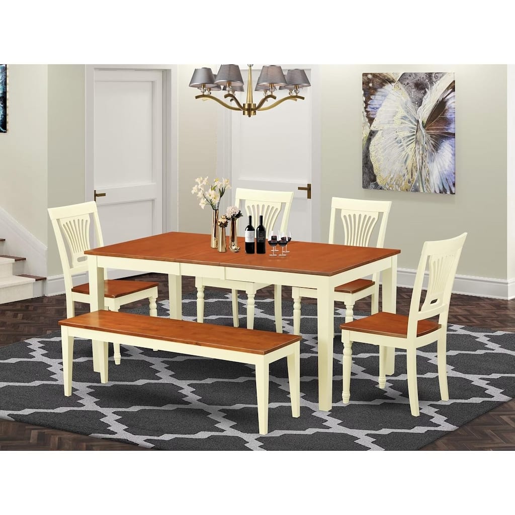 HomeStock 6-Piece Rectangle Buttermilk Cherry Finish Solid Wood Top Dining Table with 1-Bench and 4-Chairs