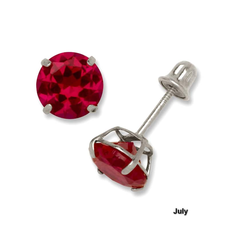 14K White Gold 6mm Round Cubic Zircornia Birthstone Basket-Set Solitaire Screw-back Stud Earrings (12 colors)