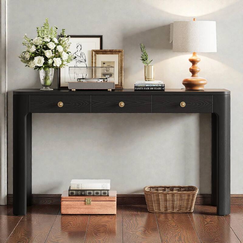 Rustic Console Table with Curved Corners, 3 Concealed Drawers & Thick Wood Legs, Entryway Sofa Table for Hallway & Living Room - Black