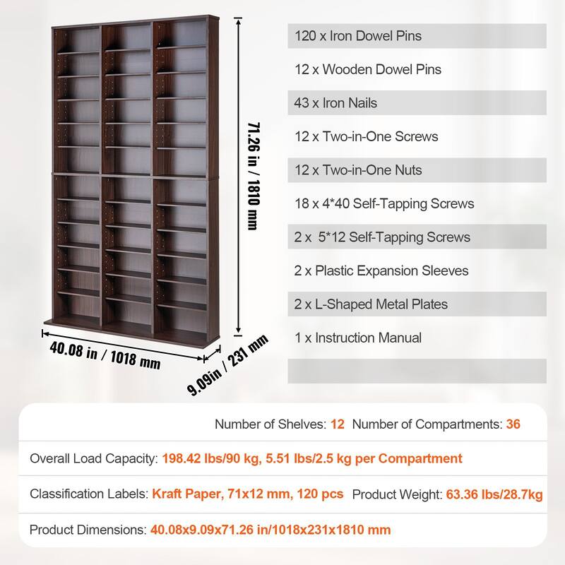 Espresso 12-Layer Media Storage Cabinet with Adjustable CD Shelves and 36 Compartments - 40.08" x 9.09"W x 71.26"