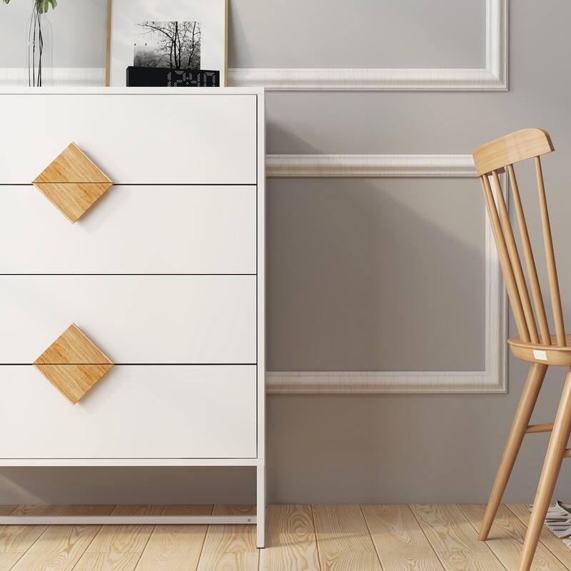 White Solid Wood 4-Drawer Chest Storage Cabinet with Square Handles