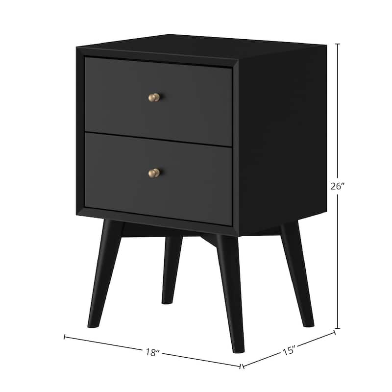 Alpine Furniture Flynn Mid Century Modern 2 Drawer Nightstand, Black