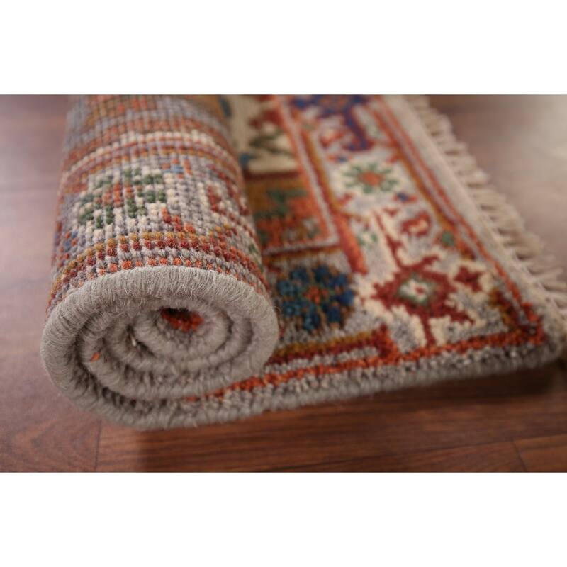 Geometric Heriz Serapi Indian Accent Rug Handmade Grey Wool Carpet - 2'1" x 3'2"