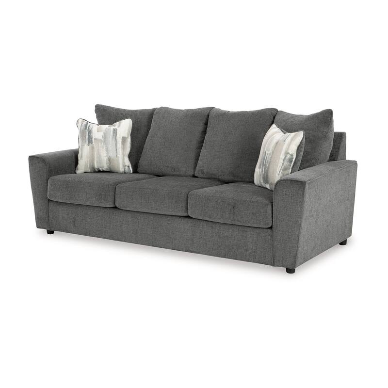 Ratty Sofa, 86 Inch Gray Polyester, Welt Trims, 2 Accent Pillows