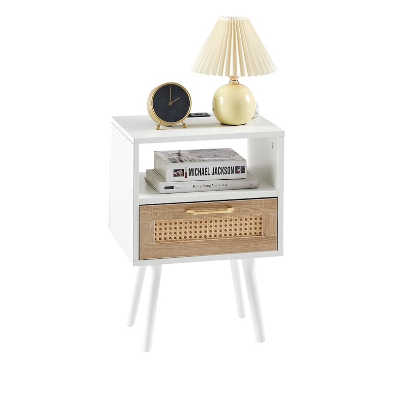 15.75"Rattan End table with Power Outlet &USB Ports，Modern nightstand with drawer and solid wood legs,side table for living room