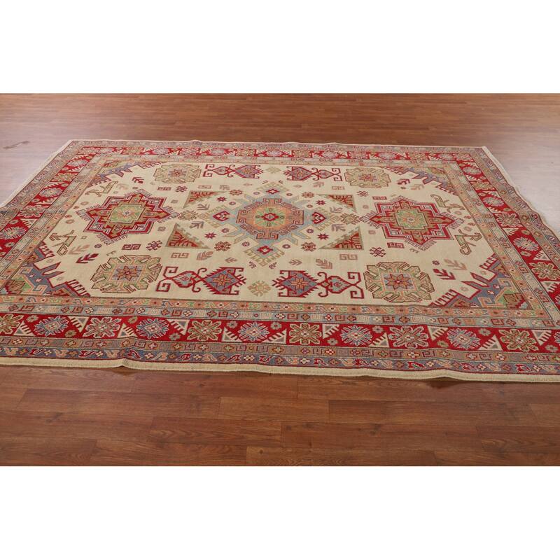 Oriental / Geometric Kazak Area Rug Hand-Knotted Wool Carpet - 6'6" x 9'8"