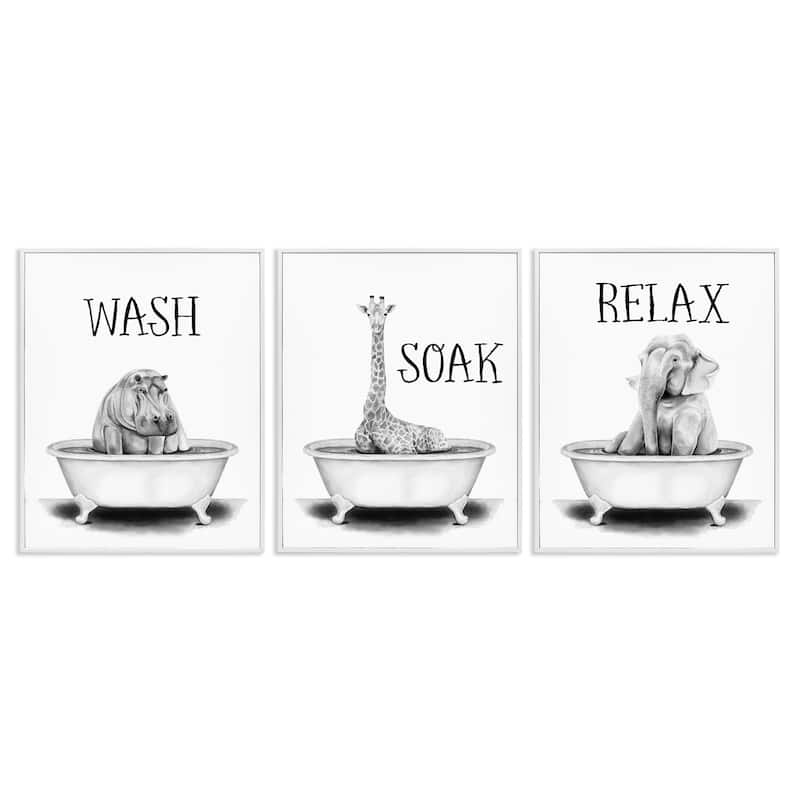 Stupell Wash Soak And Relax Jungle Animal Bath Tub, 3pc Multi Piece Framed Wall Art Set, 3pc Set - 11 x 14 - White