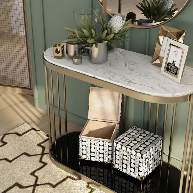 Roberts Glam Brass and White 42-inch Faux Marble 1-Shelf Drum Sofa Table by Furniture of America
