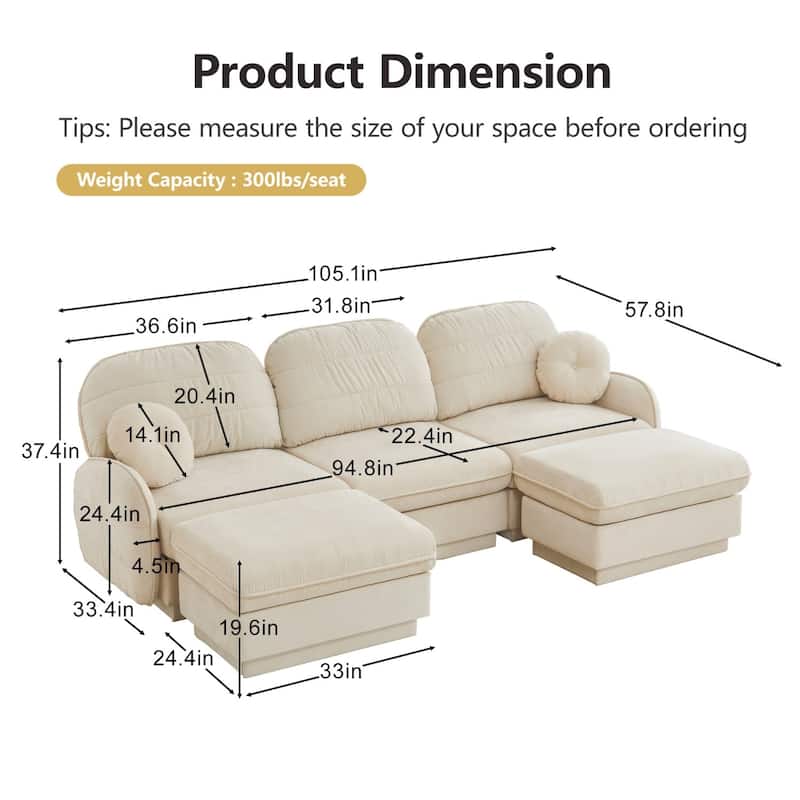 105" Chenille Sectional Sofa with 2 Round Pillows and 2 Movable Ottomans