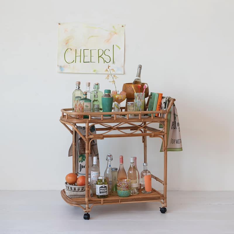 Hand-Woven Rattan 2-Tier Bar Cart on Wheels - 31.9"L x 19.3"W x 33.9"H