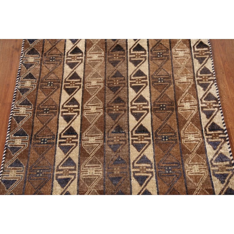 Brown Geometric Balouch Persian Vintage Rug Hand-knotted Wool Carpet - 2'11"x 5'0"