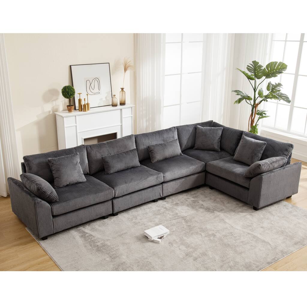 Grey 146'' Convertible 5-Seater Modular Sofa with Plush Cushions