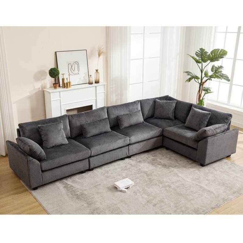 Oversized Modular Sectional Sofa Set, Corduroy Upholstered 5 - Seat Sofa, Dark Gray - Multi-Color