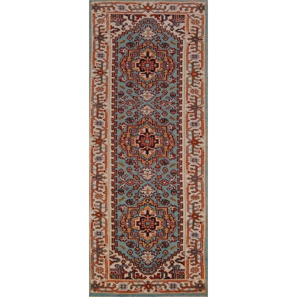 Hand Knotted Oriental 100% Wool Carpet Traditional Geometric Navy Blue & Blues Heriz (serapi) Runner Rug - 8' 0'' X 2' 6''