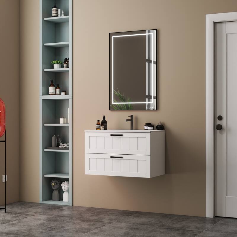 31.5" Bathroom Vanities Cabinet with Sink Combo, Wall Mounted Floating Cabinet With Decor Line, Soft-Close System