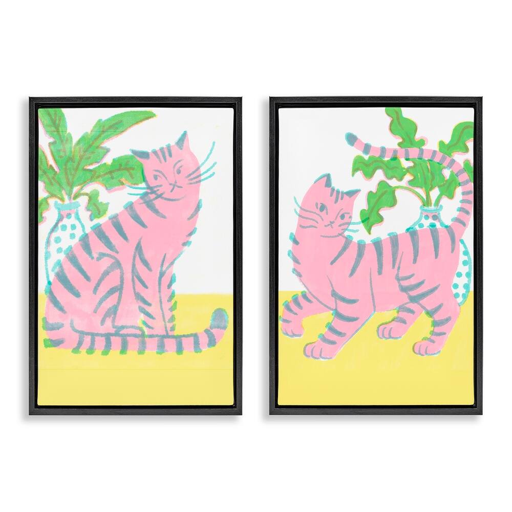 Stupell Pastel Pink Cats & Plants Framed Floater Canvas Wall Art Design By Hannah Moren (Set of 2)