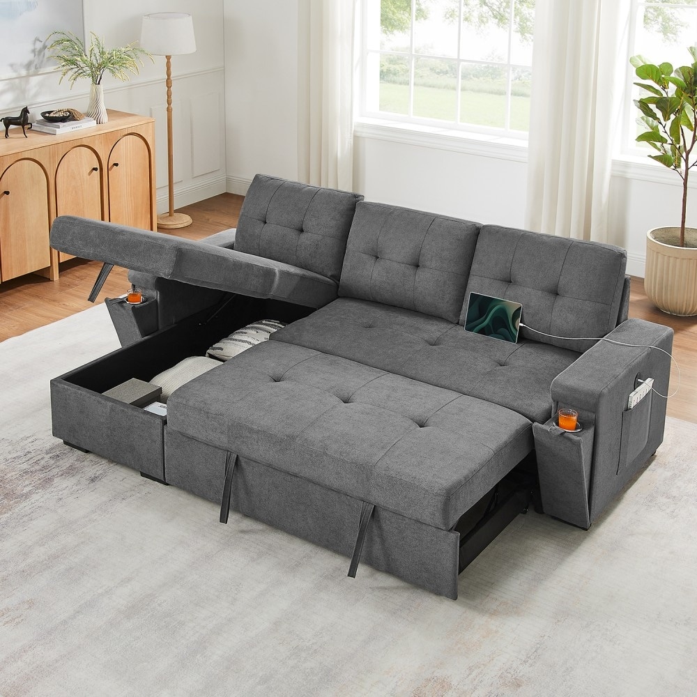 95" Convertible Sectional Sofa with Storage Chaise and Hidden Cup Holders