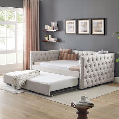 Full Size Daybed with Twin Trundle Sofa Bed, with Button and Copper Nail on Square Arms, Grey