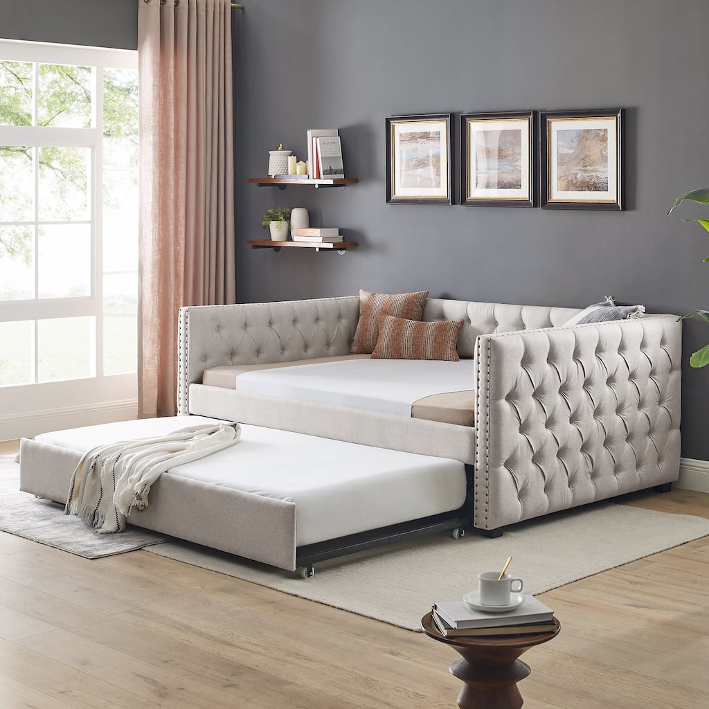 Full Size Daybed with Twin Trundle Sofa Bed, with Button and Copper Nail on Square Arms, Grey