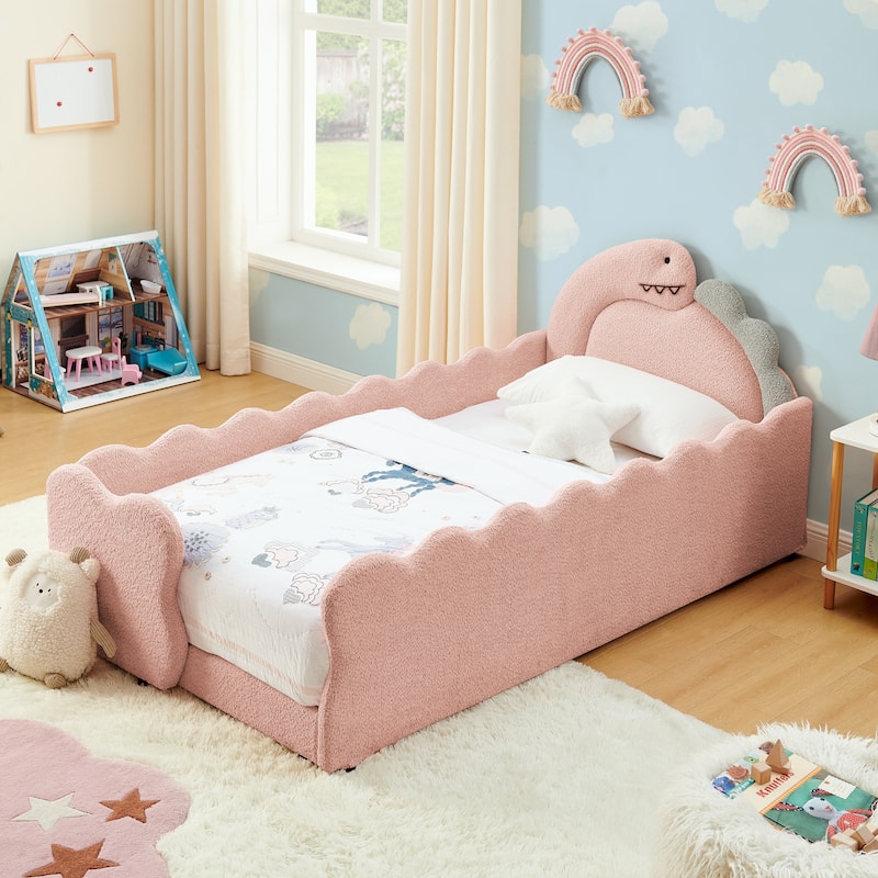 Twin Dinosaur-Shaped Kids Bed with Safety Guardrail - Solid Wood Toddler Bed Frame in Boucle Fabric - Pink - Twin
