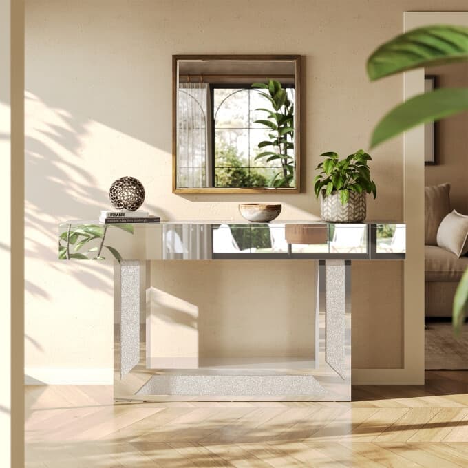 63-Inch Mirrored Entryway Table, Wooden Long Console Sofa Table
