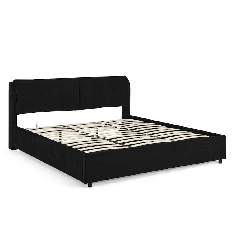 King Size Storage Upholstered Hydraulic Platform Bed with Integrated Headboard, Chenille Fabric, Black