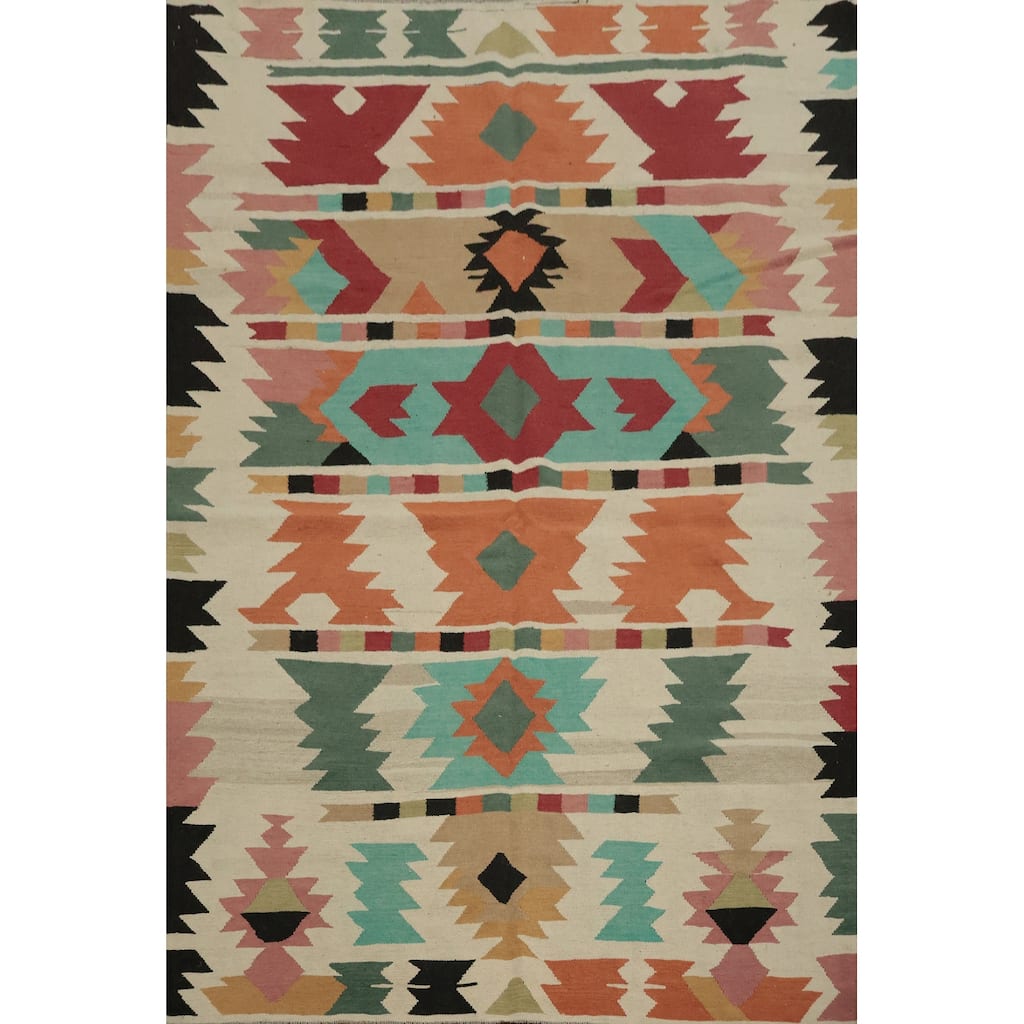 Hand Woven Oriental 100% Wool Carpet Southwestern Tribal Multi-Colored Kilim Area Rug - 7' 11'' X 5' 10''