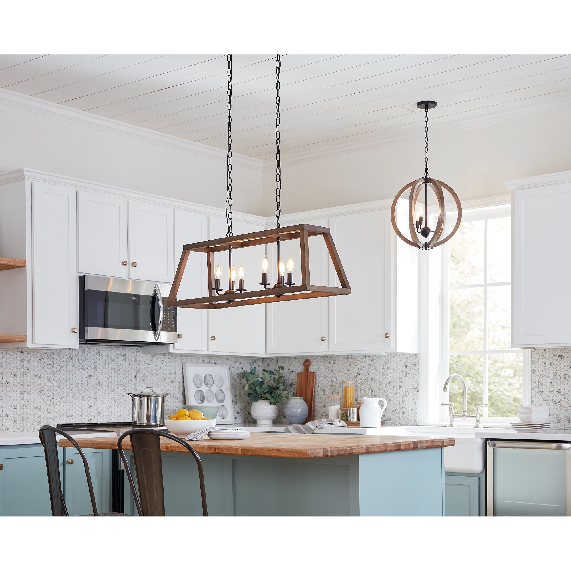 3-Light Spherical Globe Wooden Chandelier - 18" - Brown and Matte Black Finish