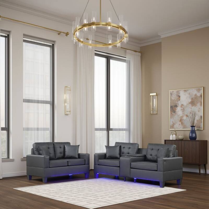 Iris Sofa and Loveseat Set, LED, USB, Cupholders, Black Faux Leather