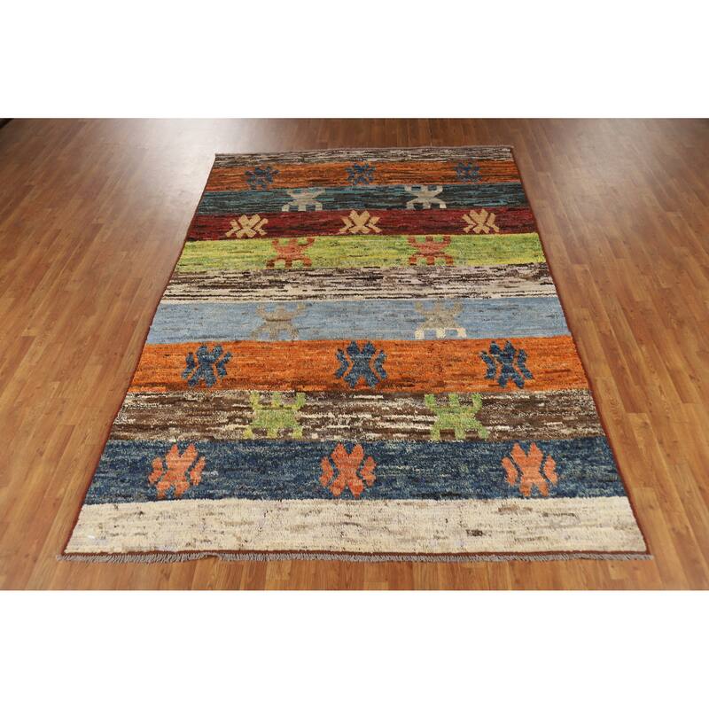 Striped Colorful Moroccan Oriental Area Rug Hand-Knotted Wool Carpet - 6'9" x 9'8"