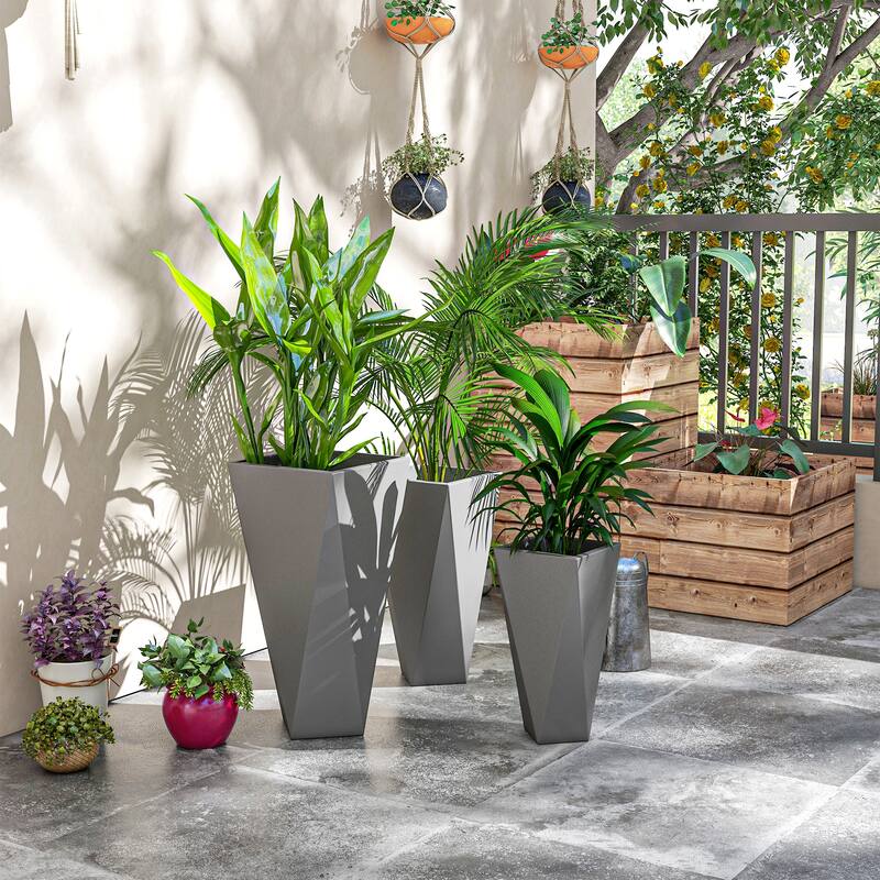 Set of 3 Modern Stackable Outdoor Planters, Geometric Self-Draining