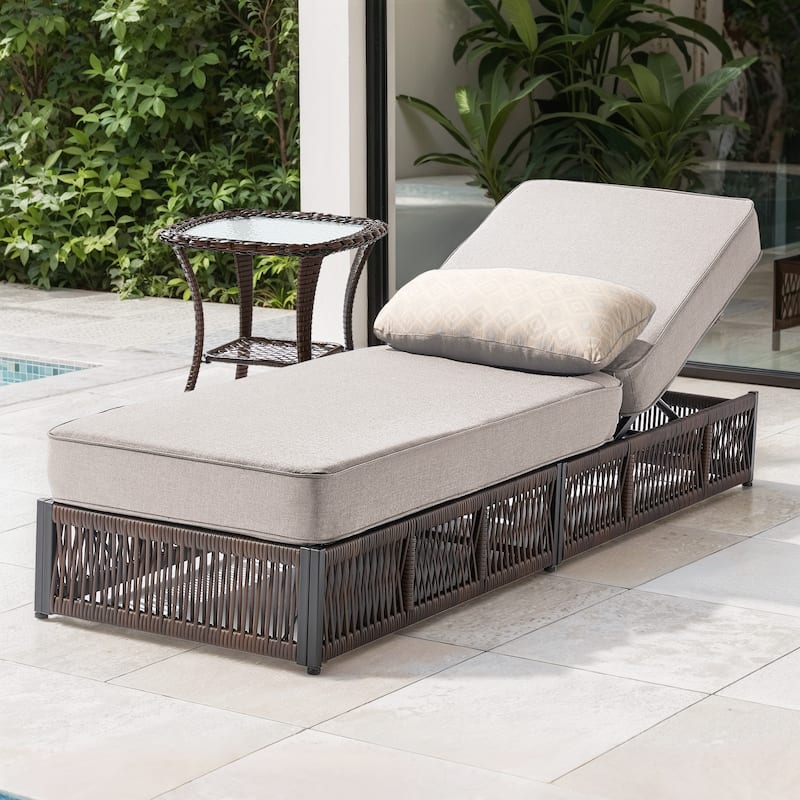 Pocassy Outdoor Lounge Chairs, Pool Lounge Chairs with Adjustable Backrest - 2-Piece Brown Wicker Beige Cushion w/ Table