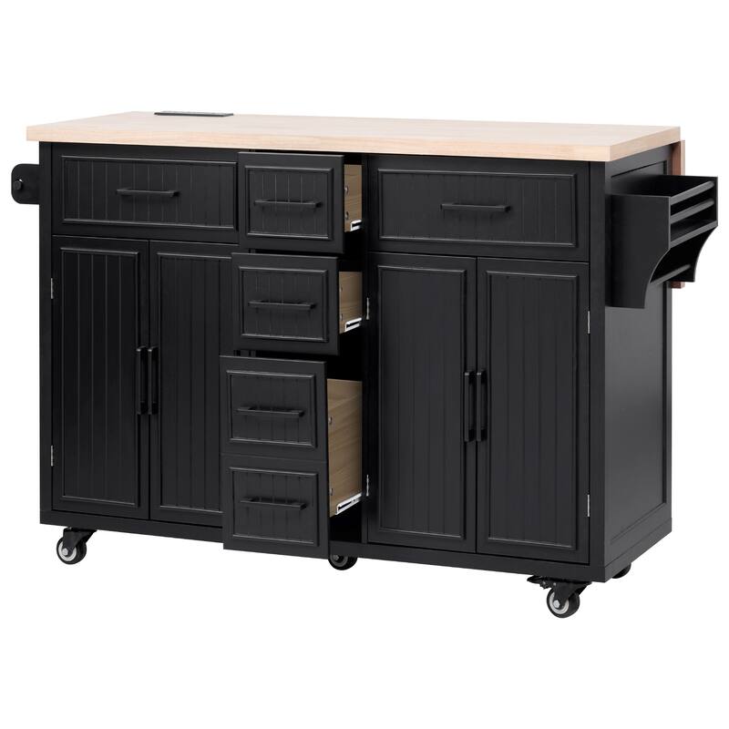 Roomfitters 56.5" Rolling Kitchen Island with Drop Leaf, Mobile Cart with Power Outlets, 5 Drawers & Embossed Barn Doors, Black
