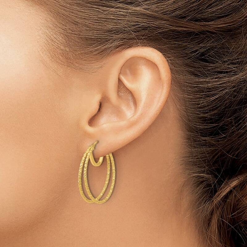 Curata 14k Yellow Gold Polished and Textured Double Circle Hoop Earrings - 29.6x29.5mm
