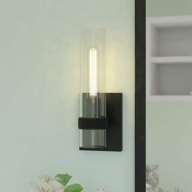 Bari 1 Light Contemporary Wall Sconce with Clear Cylinder Glass - Matte Black - 4.75-in W x 13-in H x 4.5-in D