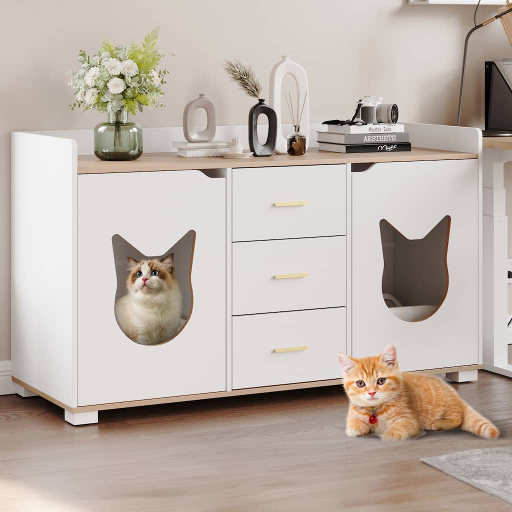Moasis Cat Litter Box Enclosure Storage Cabinet with Double Room And Drawers For 2 Cats