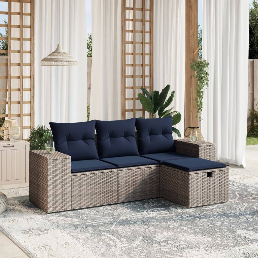 vidaXL Patio Sofa Set with Cushions Outdoor Furniture 4 Piece Poly Rattan - 21.7" x 24.4" x 27.2"