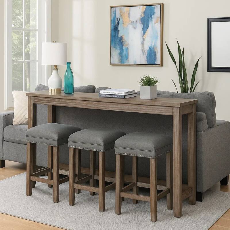 4 Piece Wooden Counter Height Table with Fabric Padded Stool, Brown