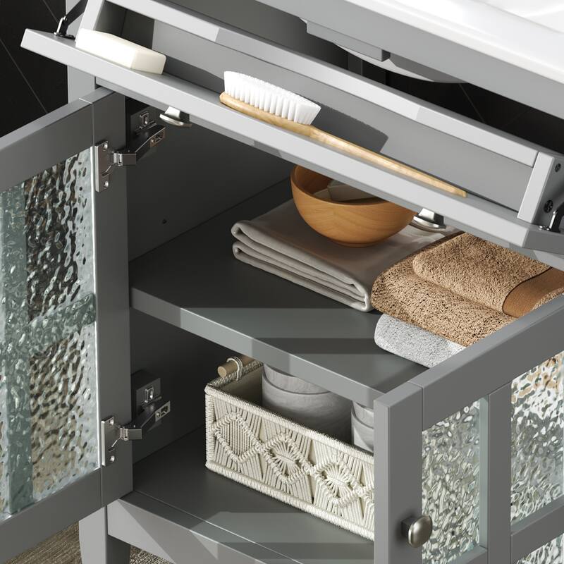 Bathroom Vanity with Ceramic Sink, Bathroom Cabinet with Tip-Out Tray, 2 Textured Glass Doors & Adjustable Shelf