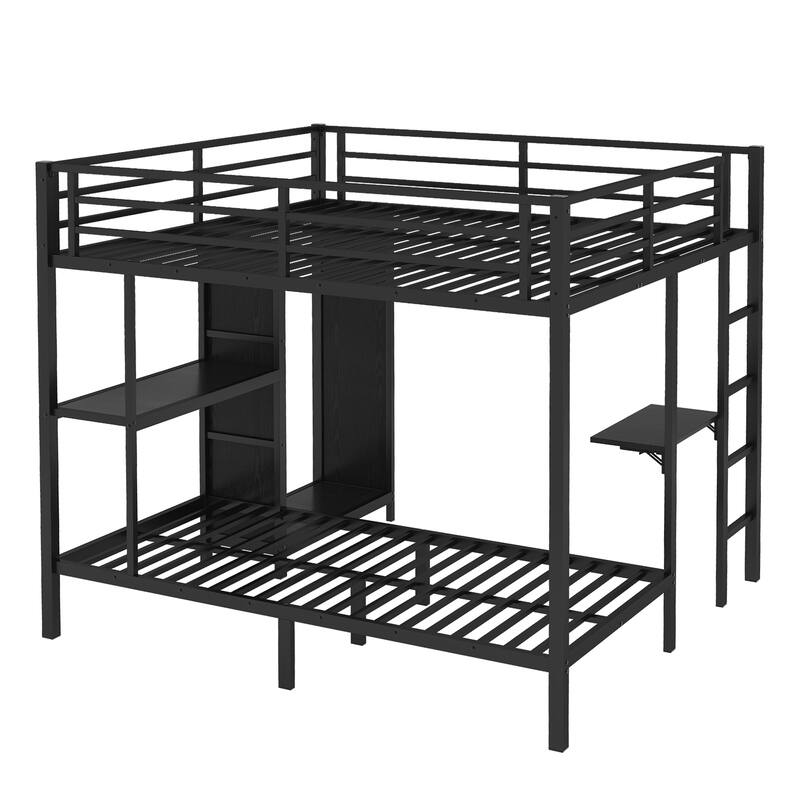 Metal Bunk Bed with Built-in Wardrobe and Foldable Desk, King over Twin XL, Black