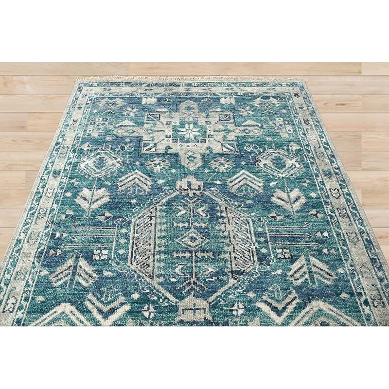 Hand Knotted Turkish Oushak Turquoise Arts & Crafts Wool Area Rug
