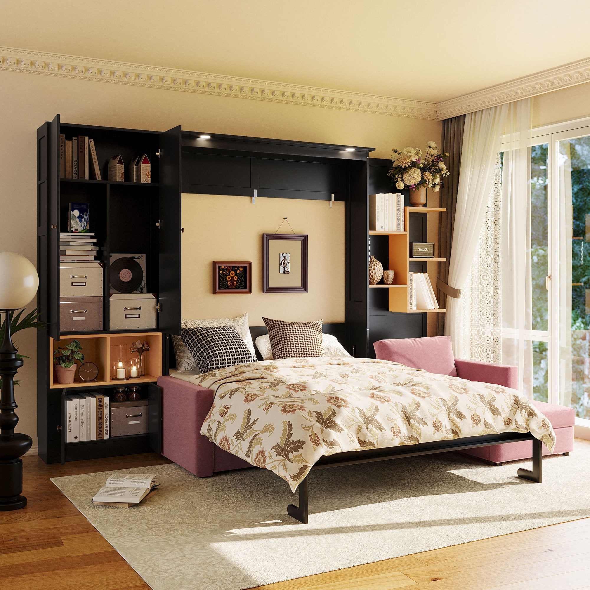 Roomfitters Queen Murphy Bed with Pink Velvet Sectional Sofa & Storage Cabinets, Black Wall Bed with Bookcase & Dual Lights